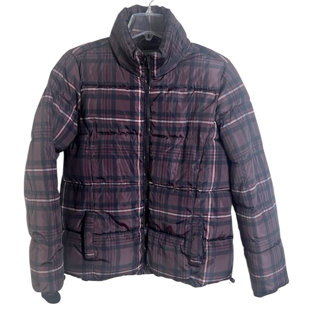 Maurices Plaid Puffer Coat Winter Jacket Medium Maroon Preppy Academia Chic